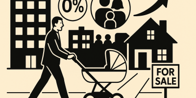 Poussette devant une vitrine d'agence immobilière : illustration du lien entre logement et natalité