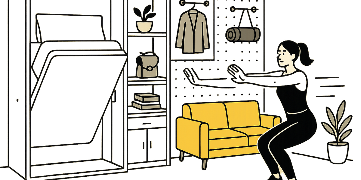 Mur multifonction aménagé dans un studio avec étagères, barre de sport et rangements pour optimiser l'espace