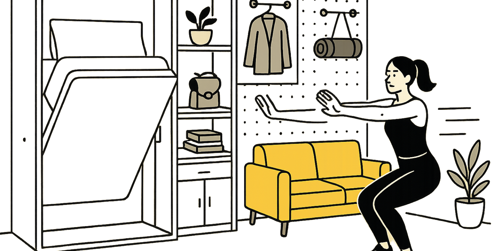 Mur multifonction aménagé dans un studio avec étagères, barre de sport et rangements pour optimiser l'espace