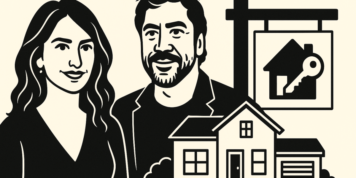 Illustration : Penélope Cruz et Javier Bardem devant une maison, symbolisant leur nouvelle acquisition immobilière