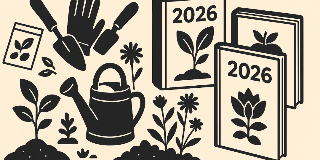 Pile de livres de jardinage posés près d’un potager avec outils et semis