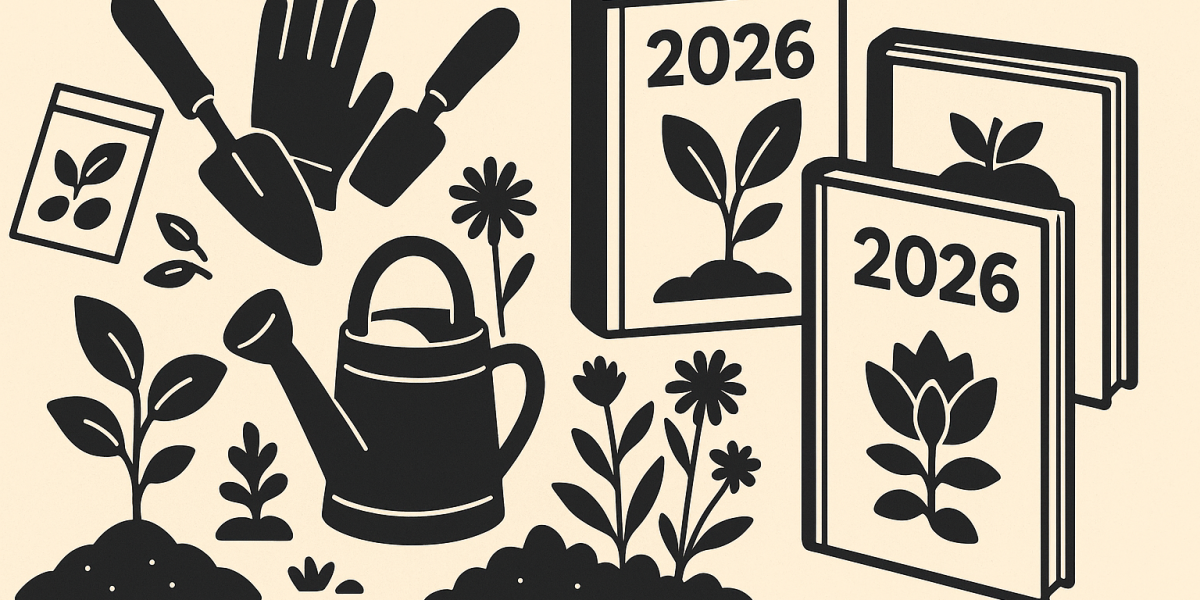 Pile de livres de jardinage posés près d’un potager avec outils et semis