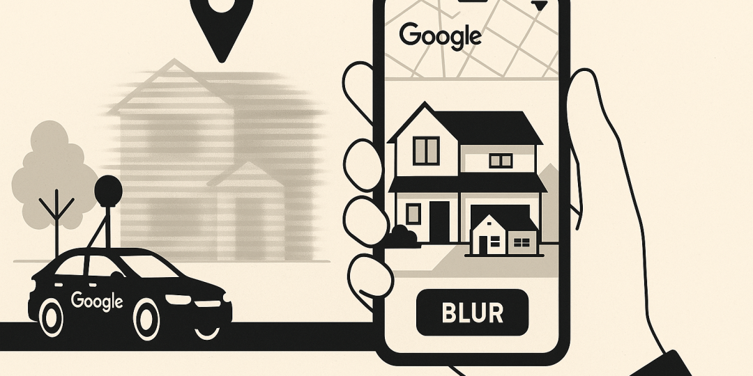 Illustration d'une maison floutée sur une carte numérique, évoquant la protection de la vie privée sur Google Maps
