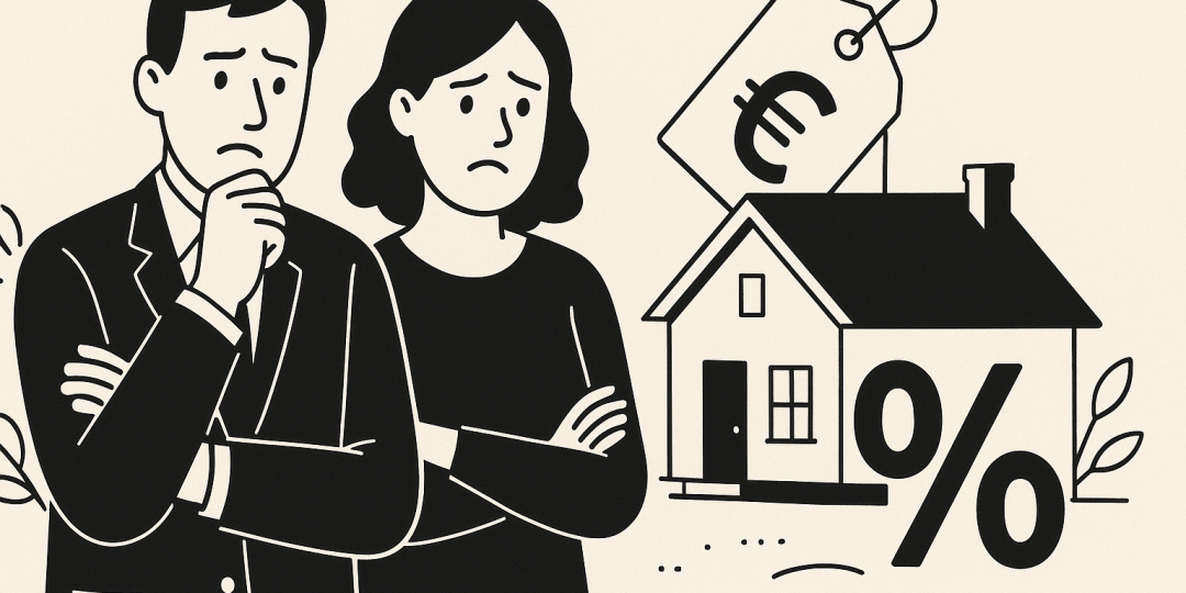 Maison urbaine avec panneau vente, symbolisant l’hésitation des propriétaires à mettre leur bien sur le marché