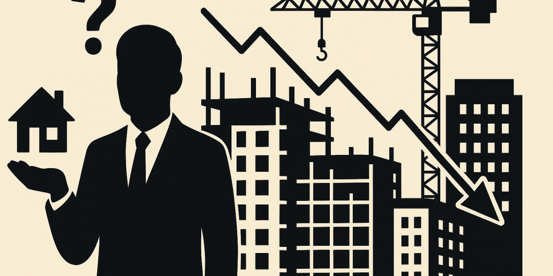 Chantier immobilier en attente de lancement avec grues et bâtiments en arrière-plan