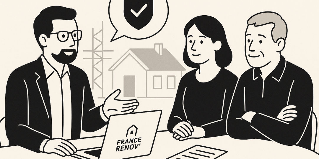 Illustration : panneau Ma Prime Rénov' et conseiller France Rénov' discutant d'un projet de rénovation