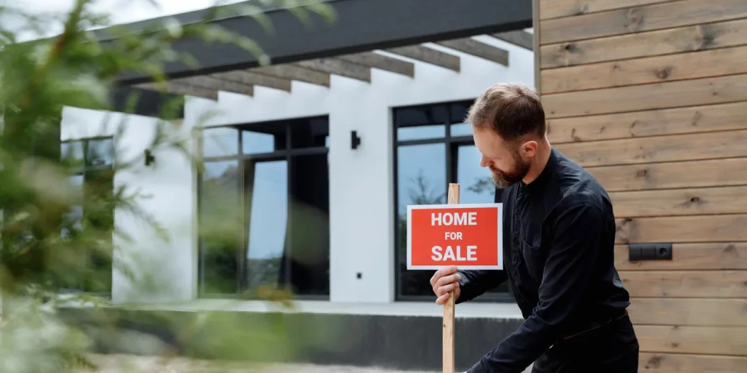 Homme tenant un panneau "À vendre" devant une maison moderne — prix-immobilier