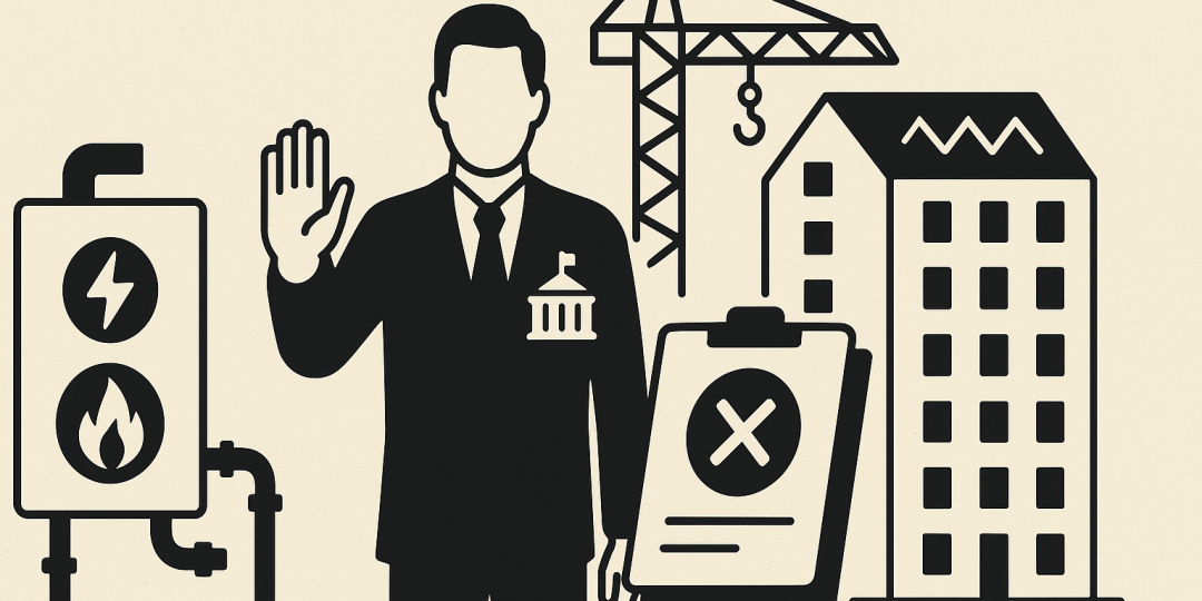 Immeuble neuf et symbole d'une chaudière : enjeu de la suppression du gaz dans le logement collectif