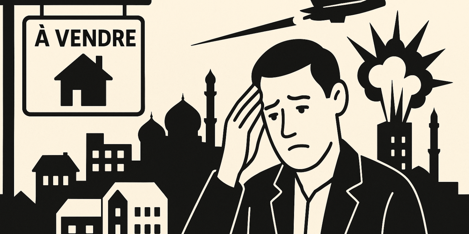 Vue d'un quartier résidentiel avec ciel menaçant symbolisant l'incertitude du marché immobilier