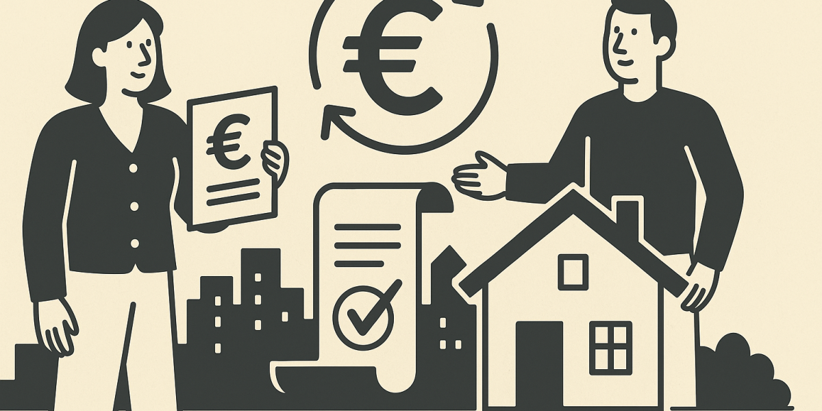 Illustration : immeubles urbains et documents de prêt symbolisant l'aide à l'accession
