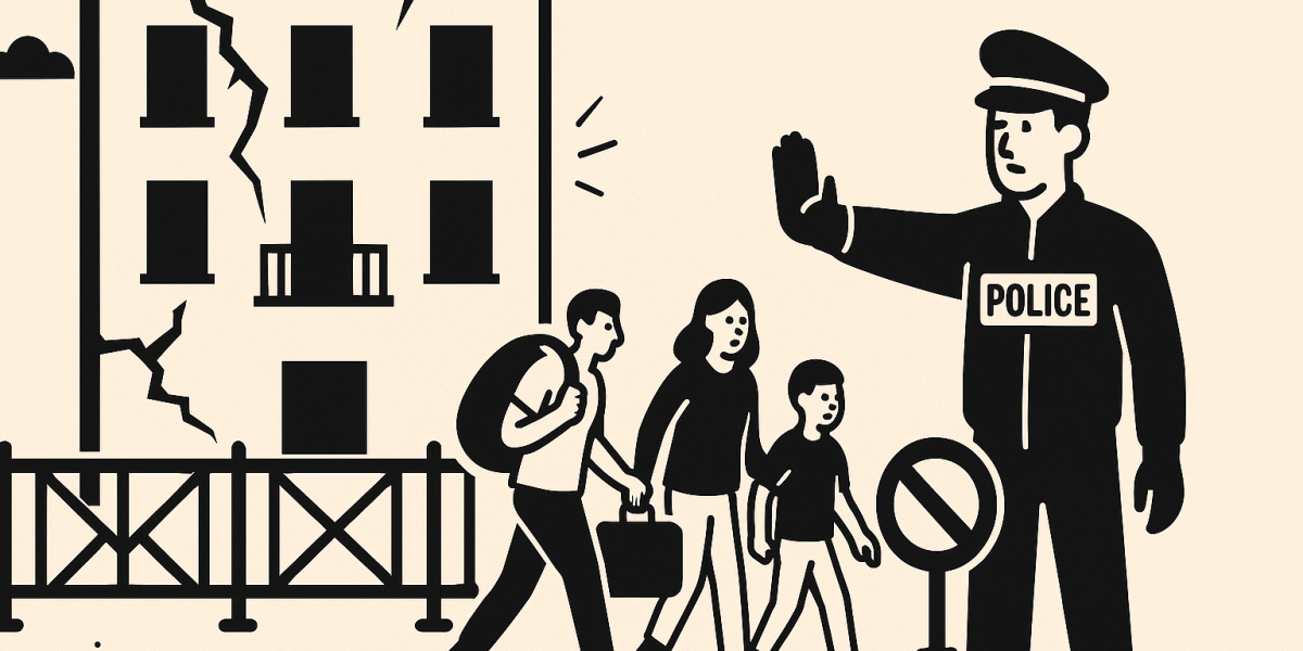 Façade d'un immeuble ancien à Montpellier avec périmètre de sécurité