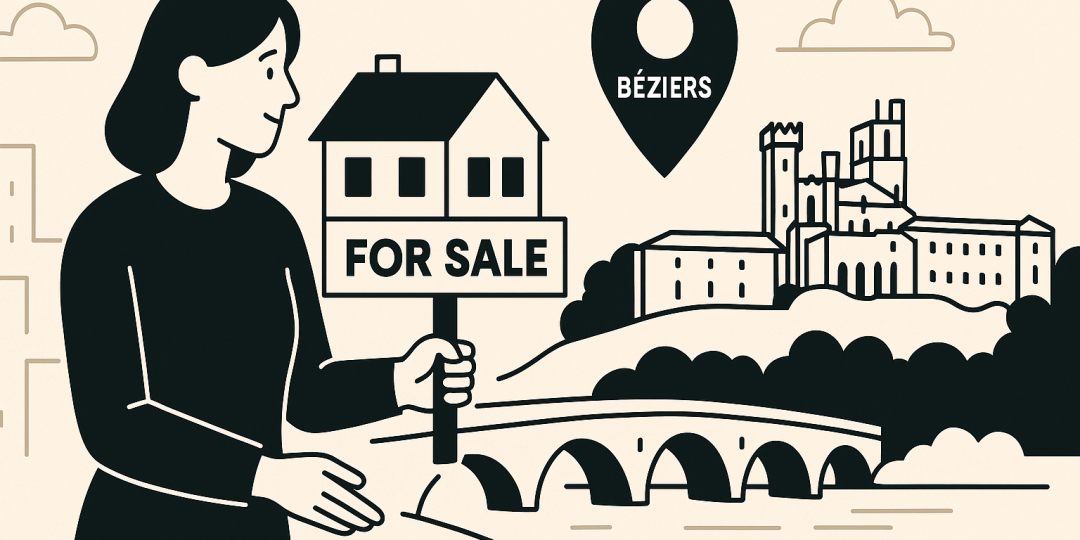 Vue aérienne de Béziers mettant en valeur la cathédrale et les différents quartiers, illustration pour guide d'installation