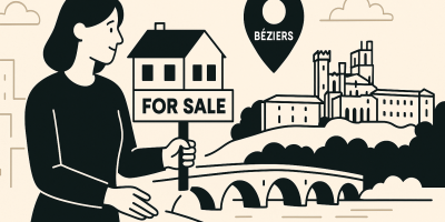 Vue aérienne de Béziers mettant en valeur la cathédrale et les différents quartiers, illustration pour guide d'installation