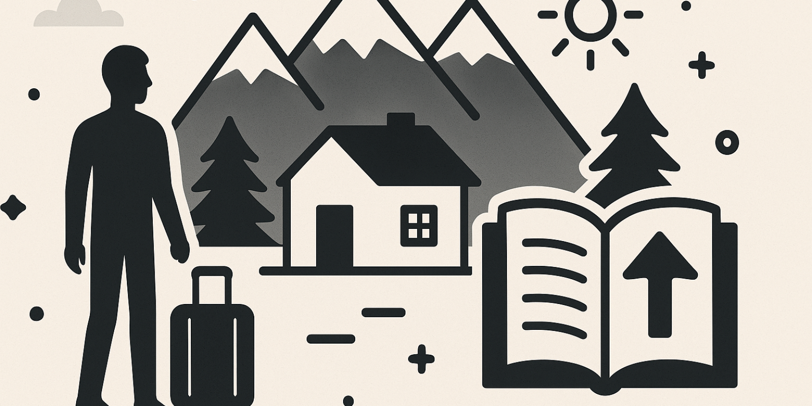 Maison de montagne sous un ciel dégagé, panorama de sommets enneigés en arrière-plan