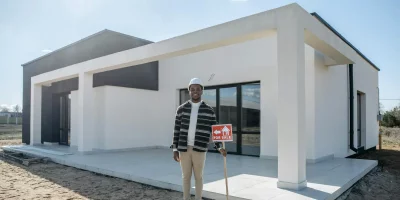 Homme tenant un panneau "à vendre" devant une maison moderne — saisie