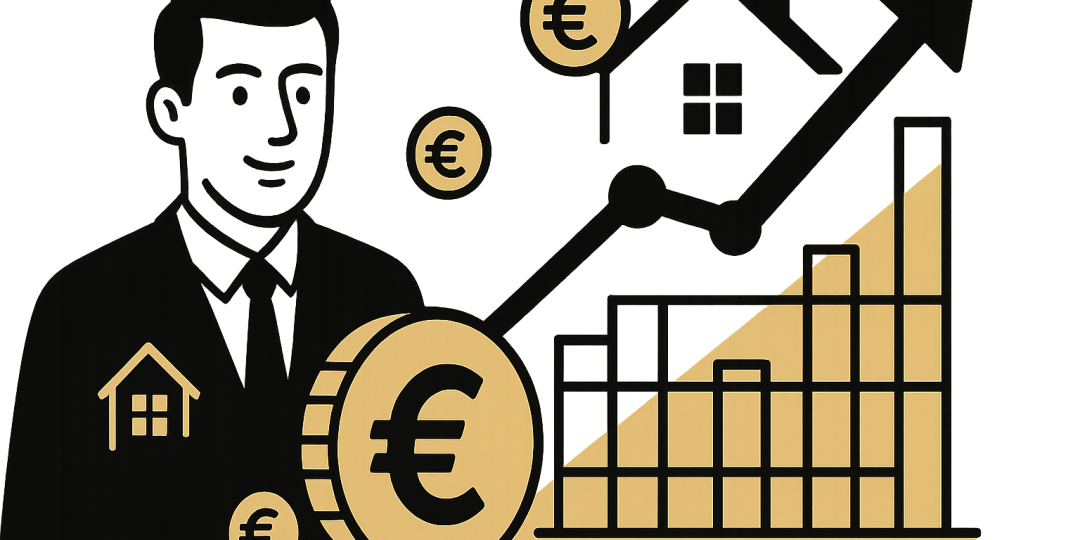 Agent immobilier présentant des graphiques de salaire et de commissions dans une agence moderne
