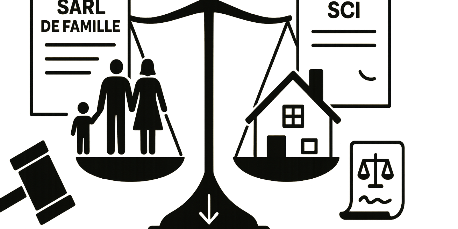 Illustration : documents juridiques et clés symbolisant le choix entre SARL de famille et SCI pour un projet immobilier en famille