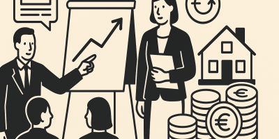 Illustration représentant des immeubles et graphiques symbolisant l'adaptation des SCPI