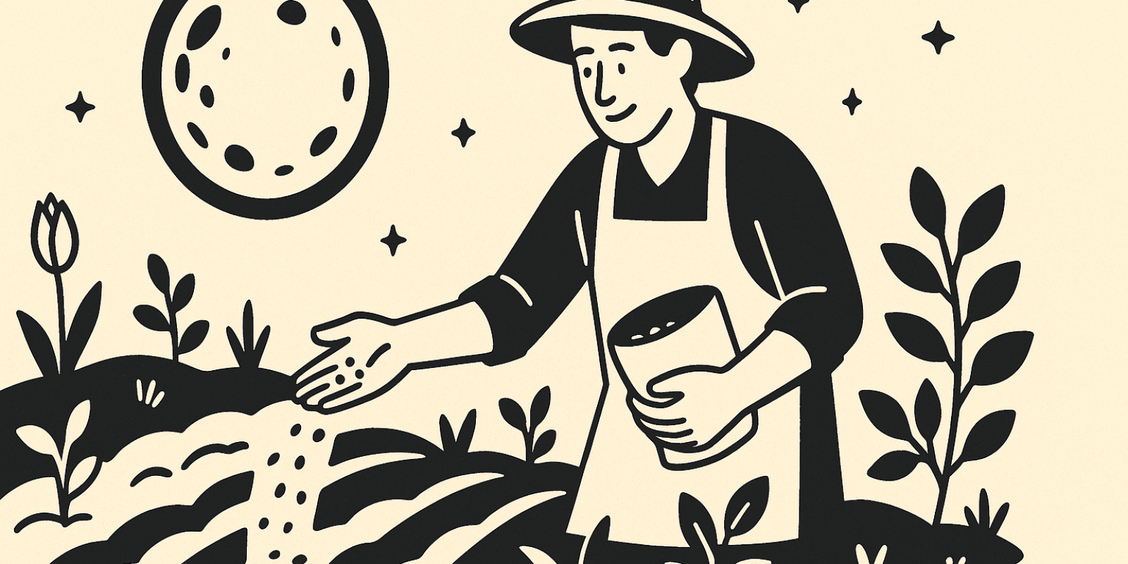 Illustration d’un potager sous une pleine lune, semis et calendrier lunaire