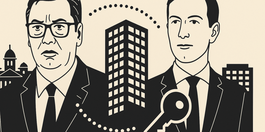 Vue symbolique d'immeubles et silhouettes politiques évoquant un scandale immobilier en Serbie