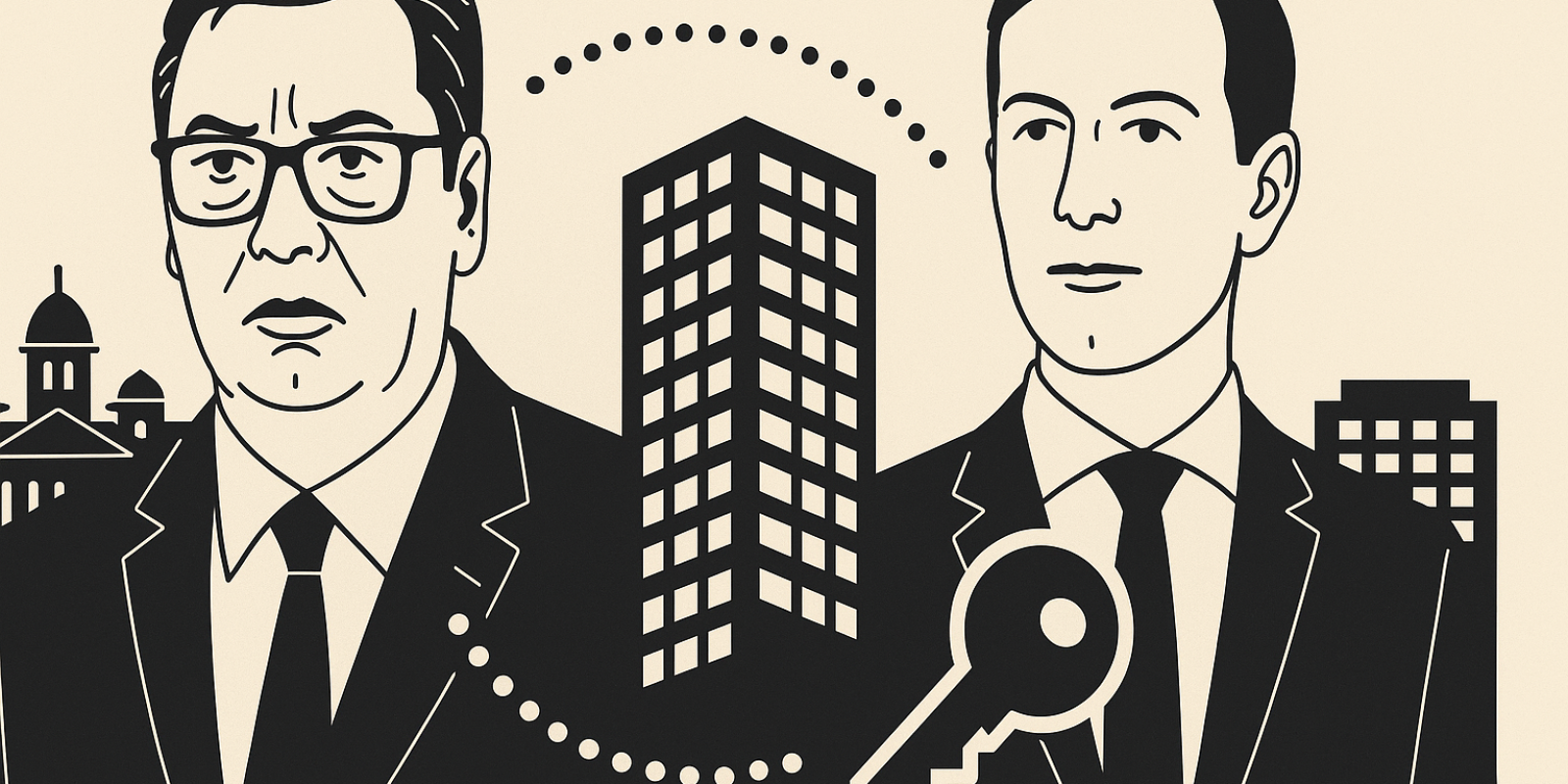 Vue symbolique d'immeubles et silhouettes politiques évoquant un scandale immobilier en Serbie