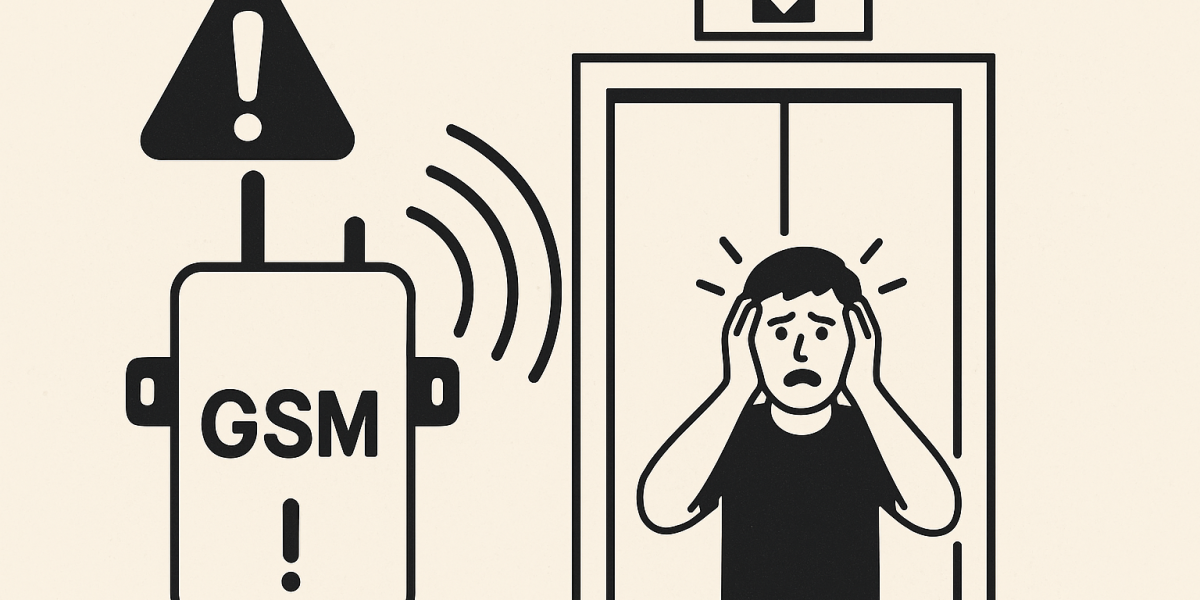 Technicien installant un boîtier GSM 4G dans la machinerie d’un ascenseur