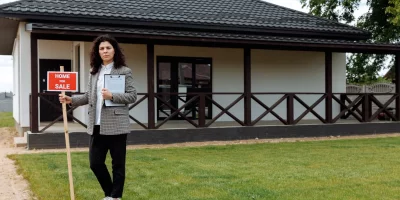 Femme tenant un panneau "Home for Sale" devant une maison — startup