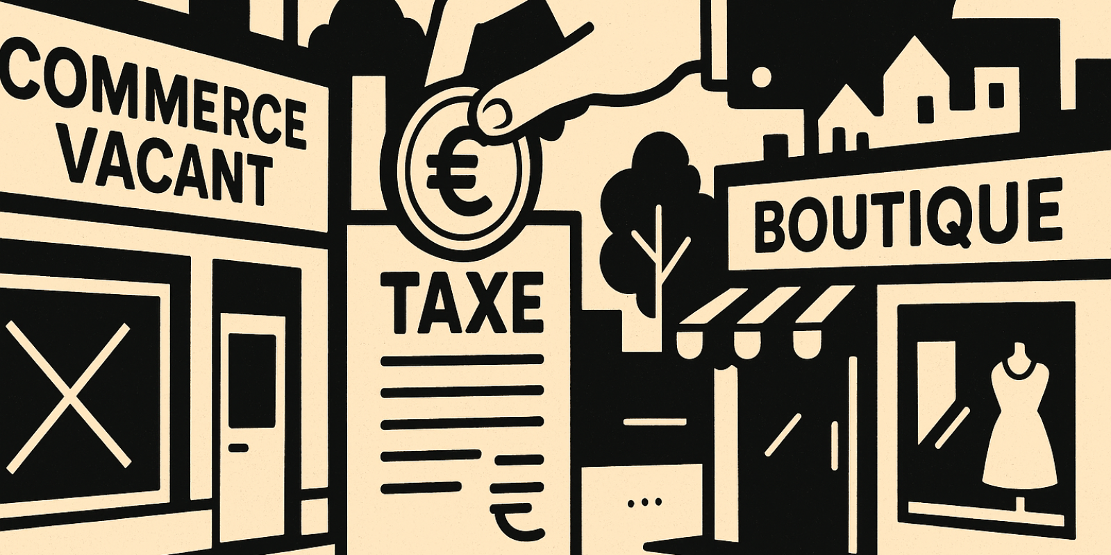 Façades de commerces en centre-ville avec vitrine fermée, illustration du phénomène des locaux commerciaux vacants