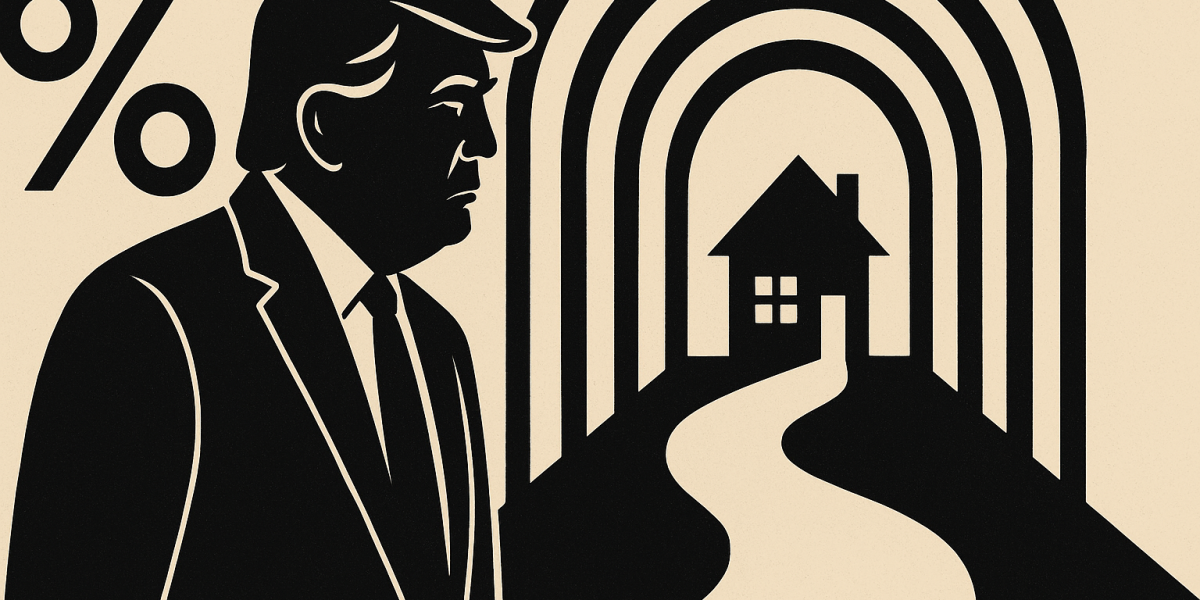 Illustration : maison américaine et courbe de taux en baisse