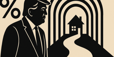 Illustration : maison américaine et courbe de taux en baisse