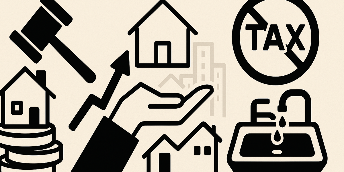 Illustration : mise en relief du foncier par rapport aux logements — terrain et maison stylisés