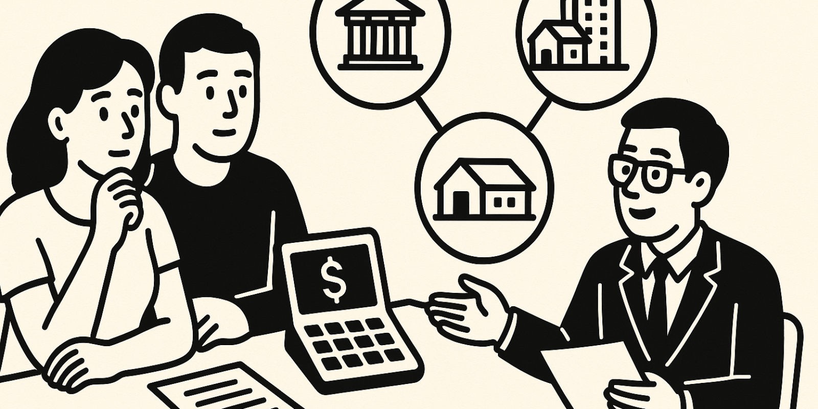 Illustration : personnes comparant des offres de prêt immobilier autour d’un dossier