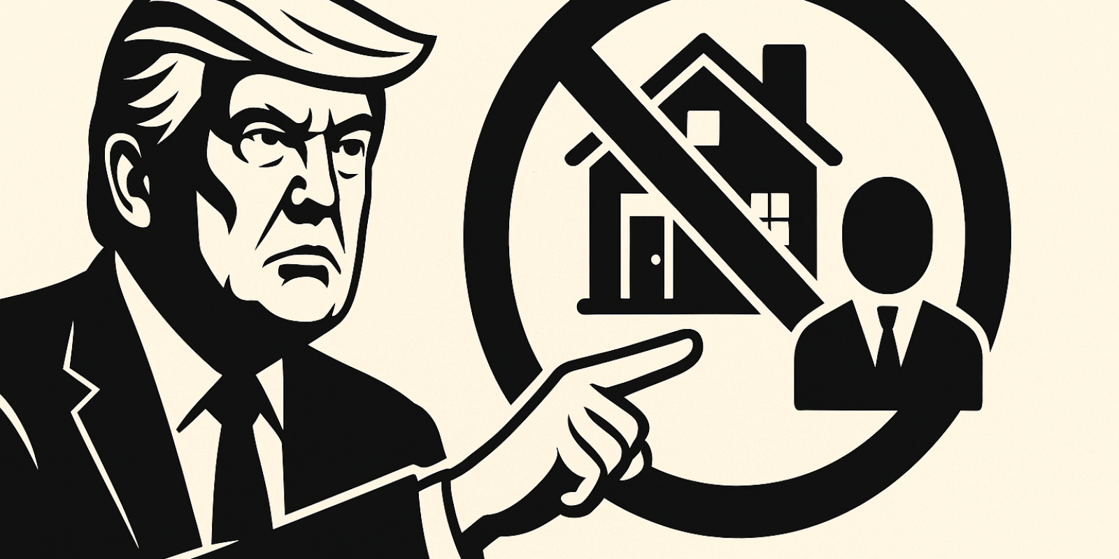 Donald Trump évoquant des mesures sur le logement avec une silhouette de maisons en arrière-plan