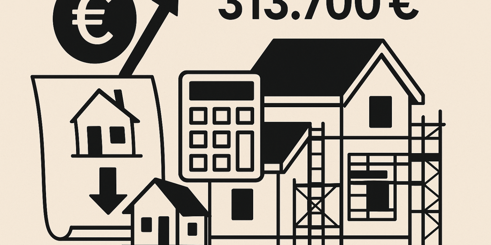 Maison en construction avec fond de chantier, illustration des coûts et superficies