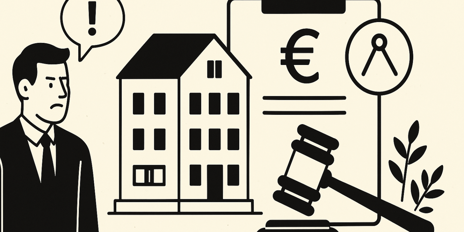 Illustration : symbole de la justice et sanction administrative contre une agence immobilière