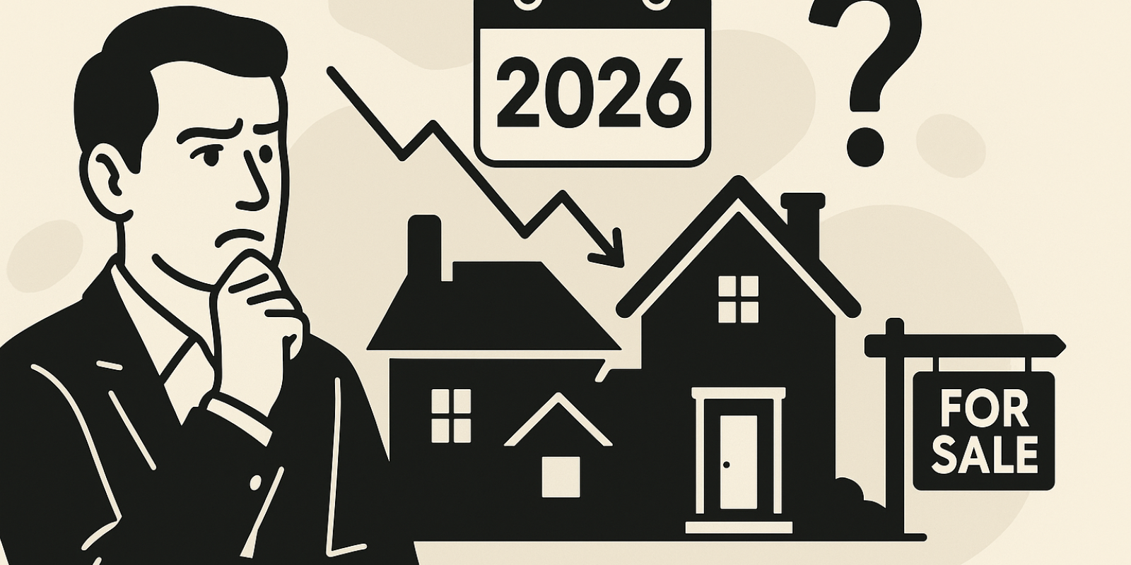 Illustration : vente immobilière en 2026 — maison et graphique de tendances