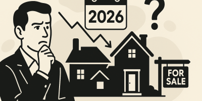 Illustration : vente immobilière en 2026 — maison et graphique de tendances