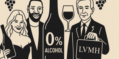 Bouteilles et flûtes de vin sans alcool présentées dans un style haut de gamme