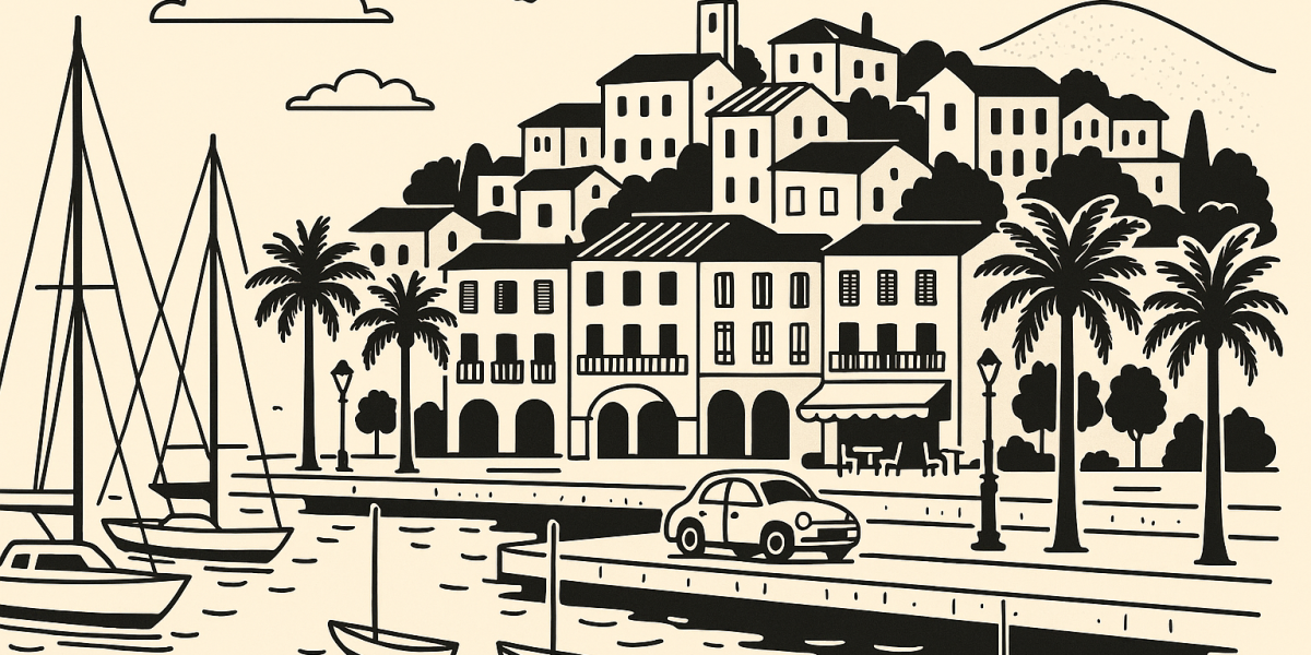 Vue du port de Bandol avec ses quais, ses plages et les collines en arrière-plan