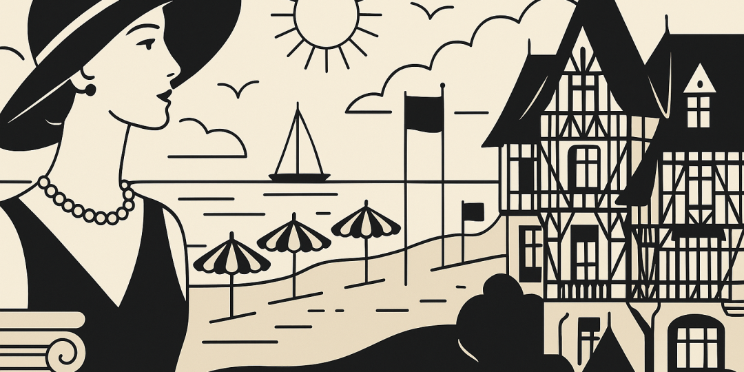 Vue emblématique de Deauville avec la plage, les planches et des villas Belle Époque au bord de la mer