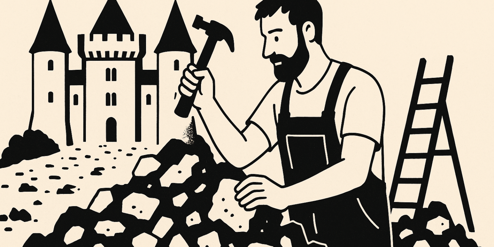 Intérieur d’un château en rénovation avec échafaudages et gravats