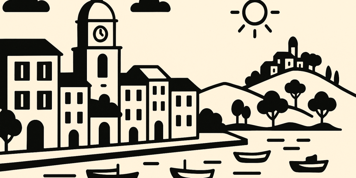 Panorama du Var avec littoral et village provençal, illustration du guide des plus belles villes du département