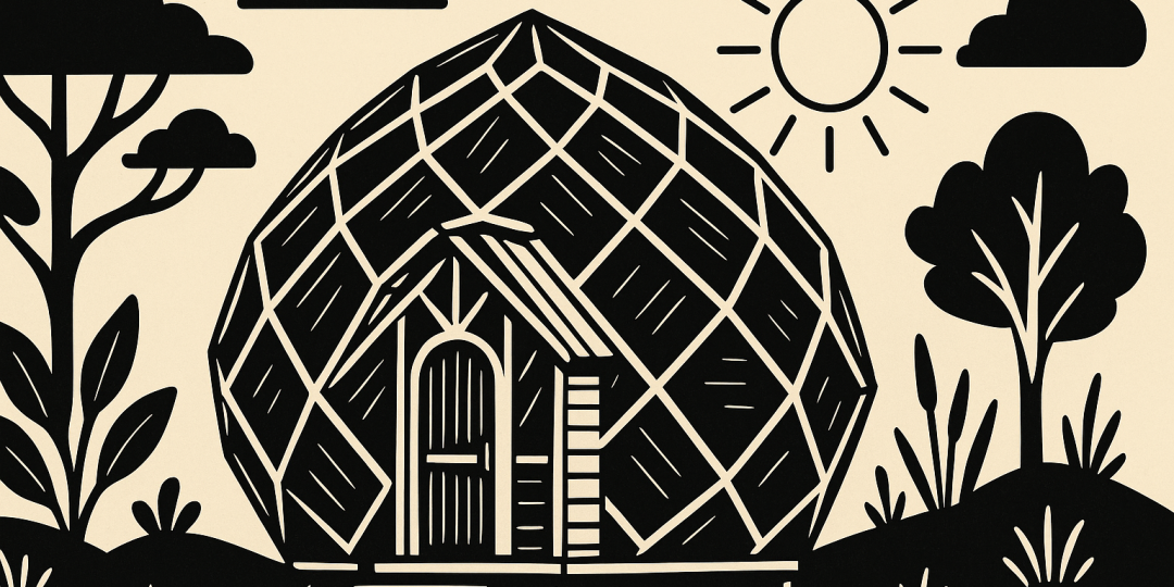 Un zome en bois avec une grande voûte vitrée, installé dans un paysage rural