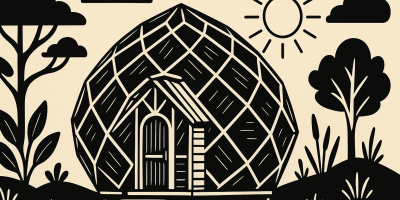 Un zome en bois avec une grande voûte vitrée, installé dans un paysage rural